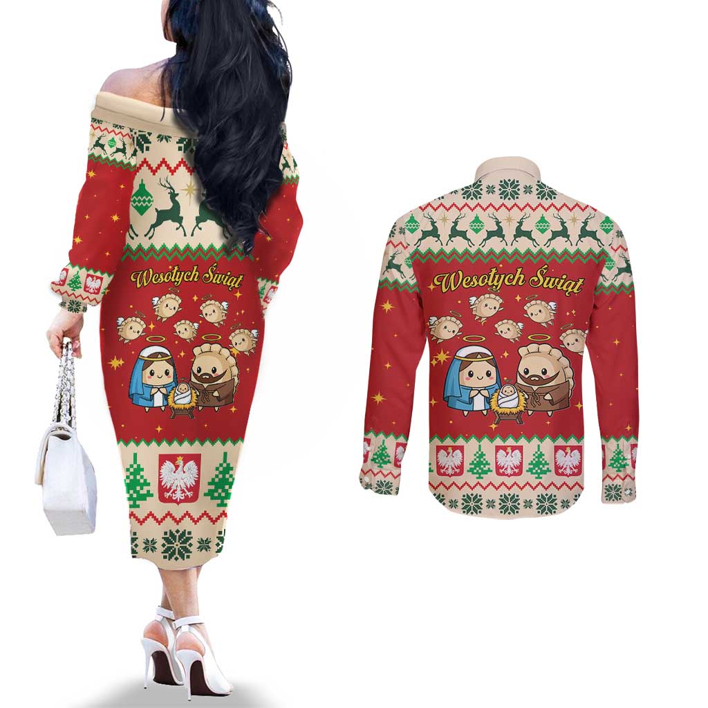 Poland Christmas Couples Matching Off The Shoulder Long Sleeve Dress and Long Sleeve Button Shirt Polish Pierogi Mascot Nativity Scene - Wonder Print Shop