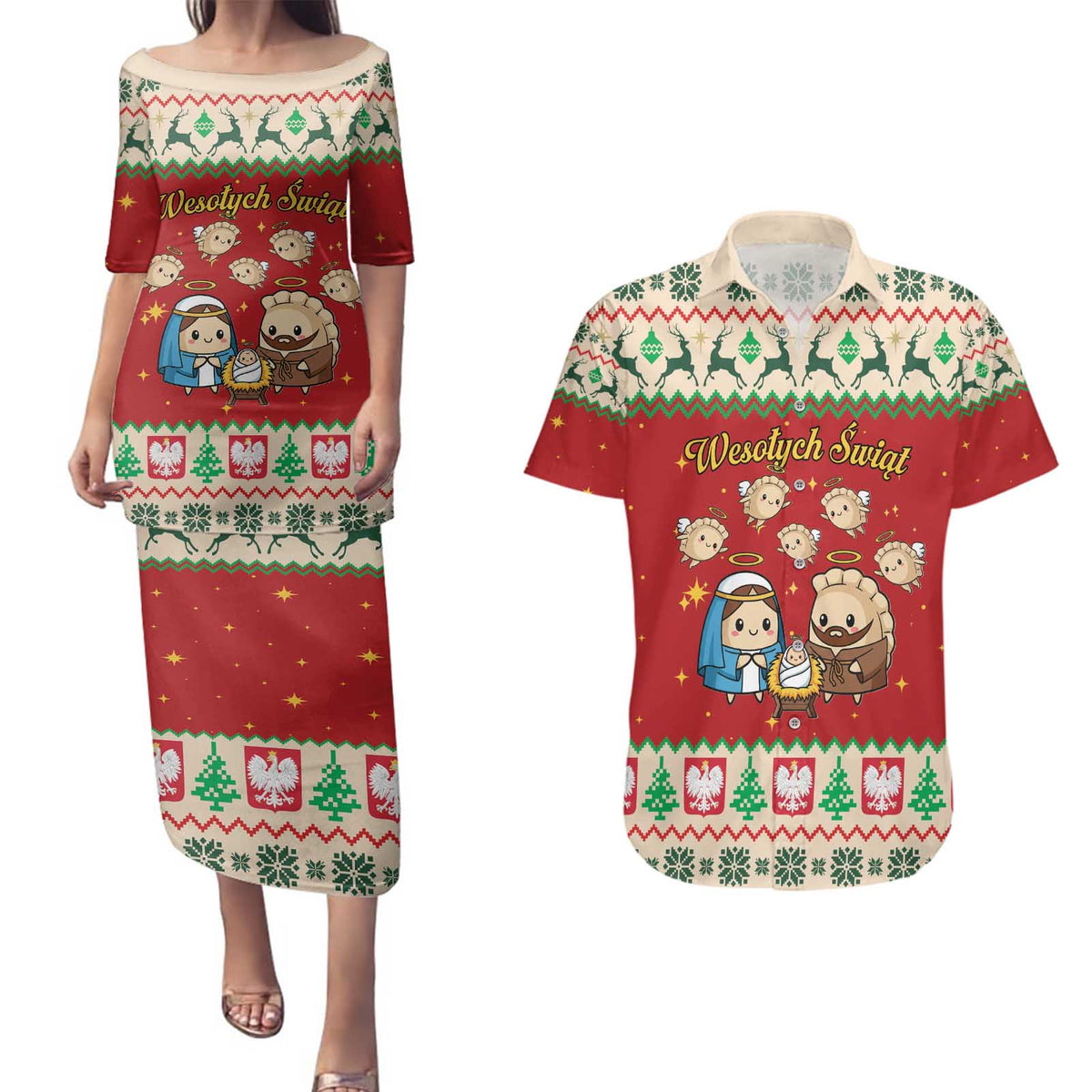 Poland Christmas Couples Matching Puletasi and Hawaiian Shirt Polish Pierogi Mascot Nativity Scene - Wonder Print Shop