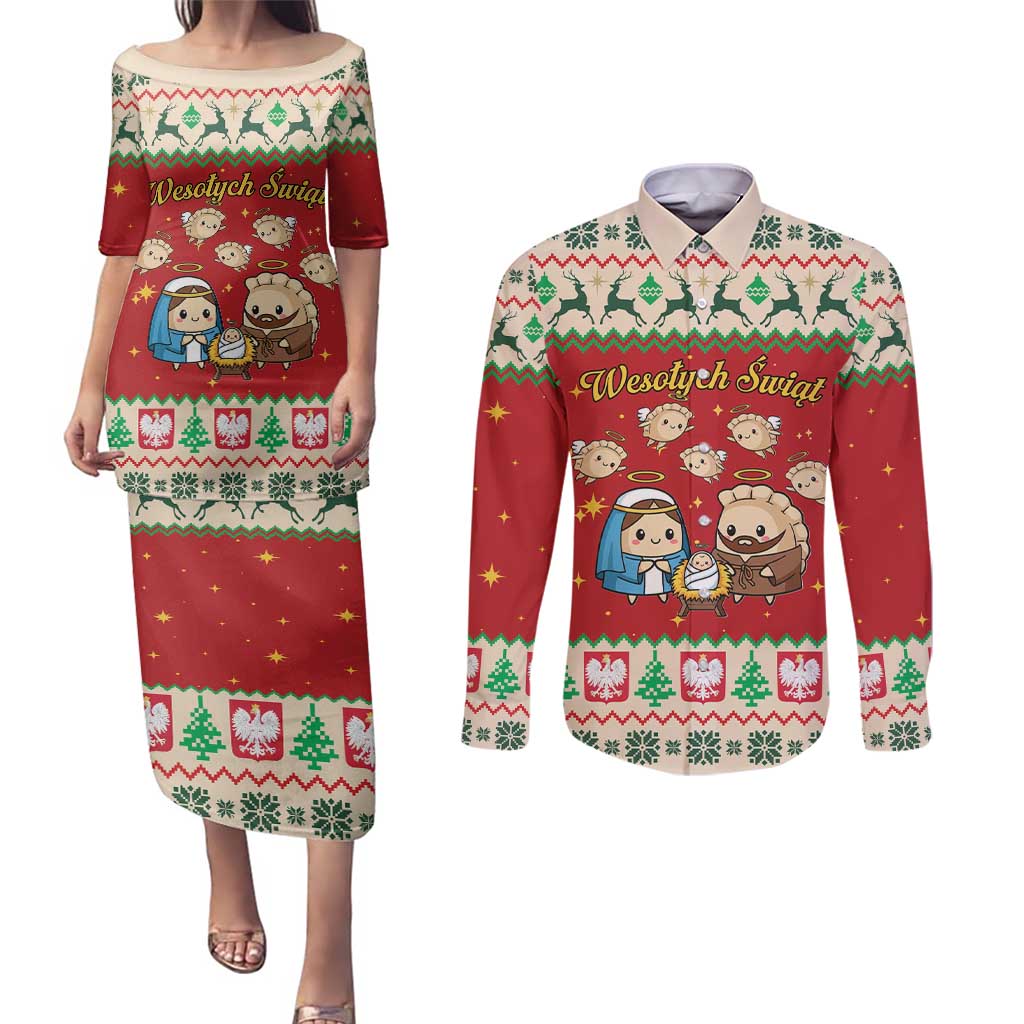 Poland Christmas Couples Matching Puletasi and Long Sleeve Button Shirt Polish Pierogi Mascot Nativity Scene - Wonder Print Shop