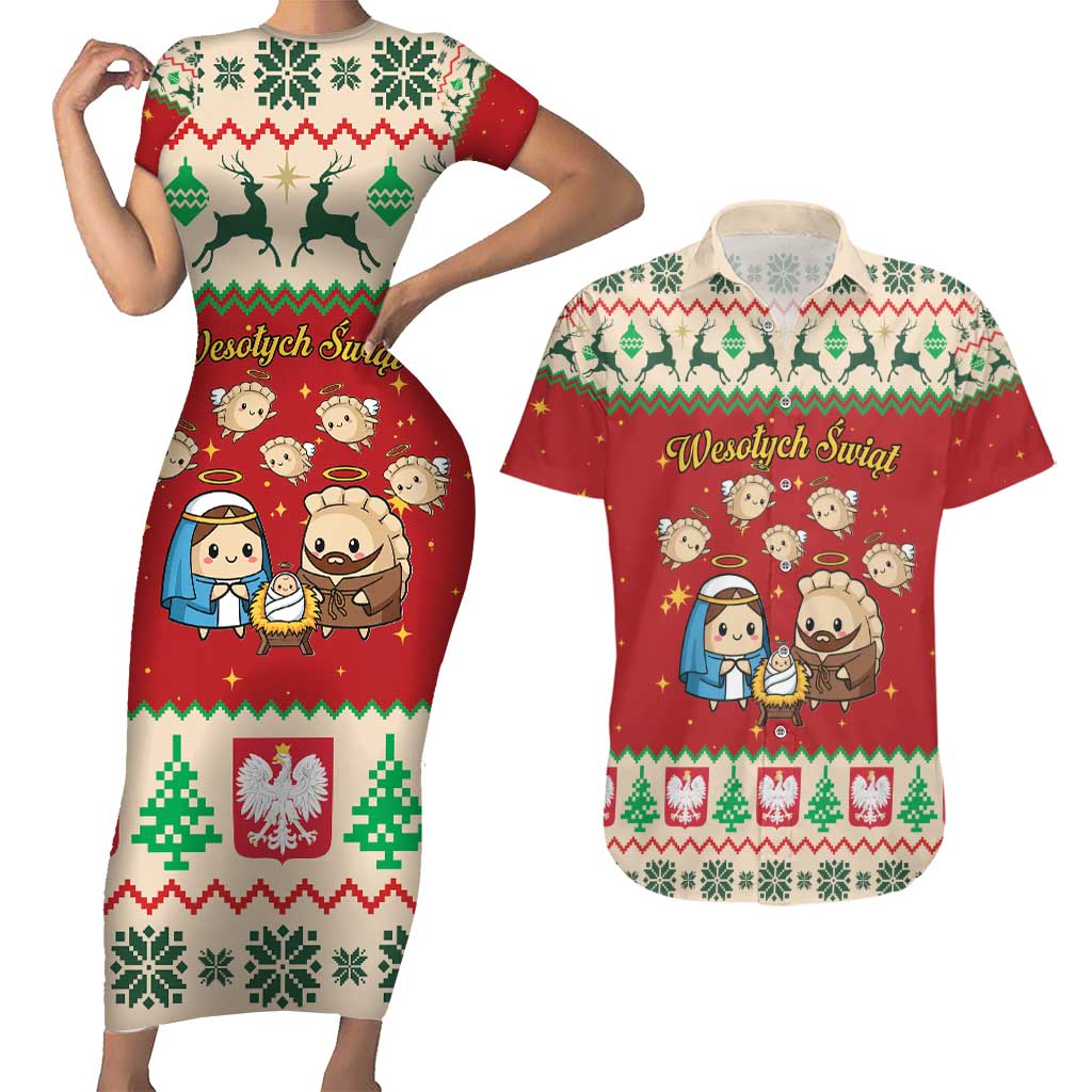 Poland Christmas Couples Matching Short Sleeve Bodycon Dress and Hawaiian Shirt Polish Pierogi Mascot Nativity Scene - Wonder Print Shop