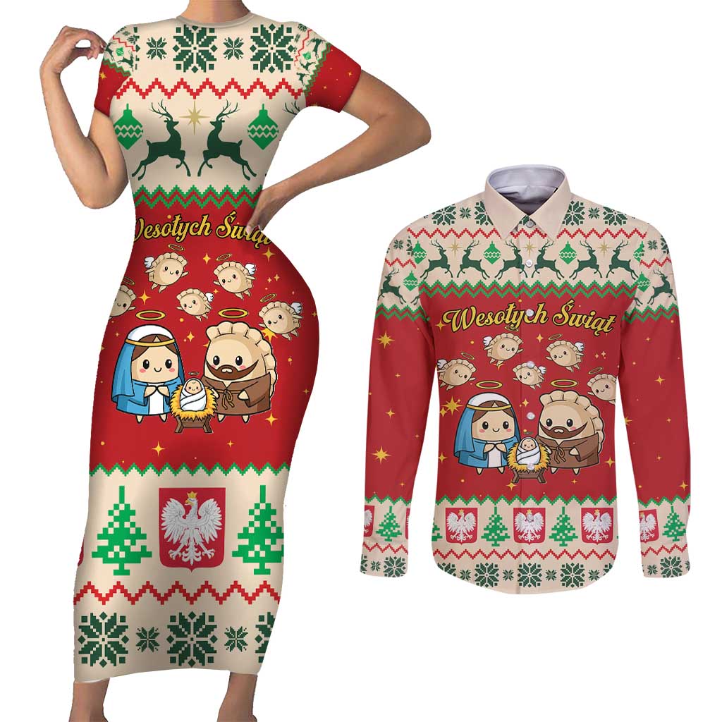 Poland Christmas Couples Matching Short Sleeve Bodycon Dress and Long Sleeve Button Shirt Polish Pierogi Mascot Nativity Scene - Wonder Print Shop