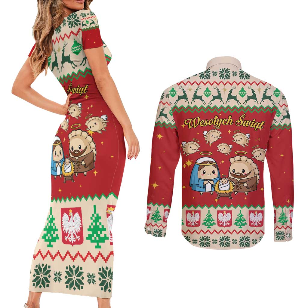 Poland Christmas Couples Matching Short Sleeve Bodycon Dress and Long Sleeve Button Shirt Polish Pierogi Mascot Nativity Scene - Wonder Print Shop