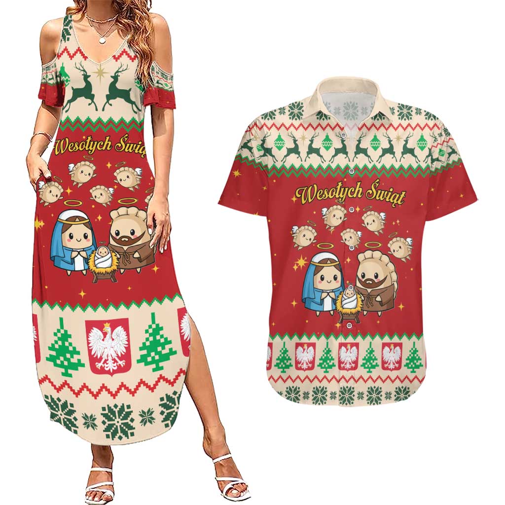Poland Christmas Couples Matching Summer Maxi Dress and Hawaiian Shirt Polish Pierogi Mascot Nativity Scene - Wonder Print Shop