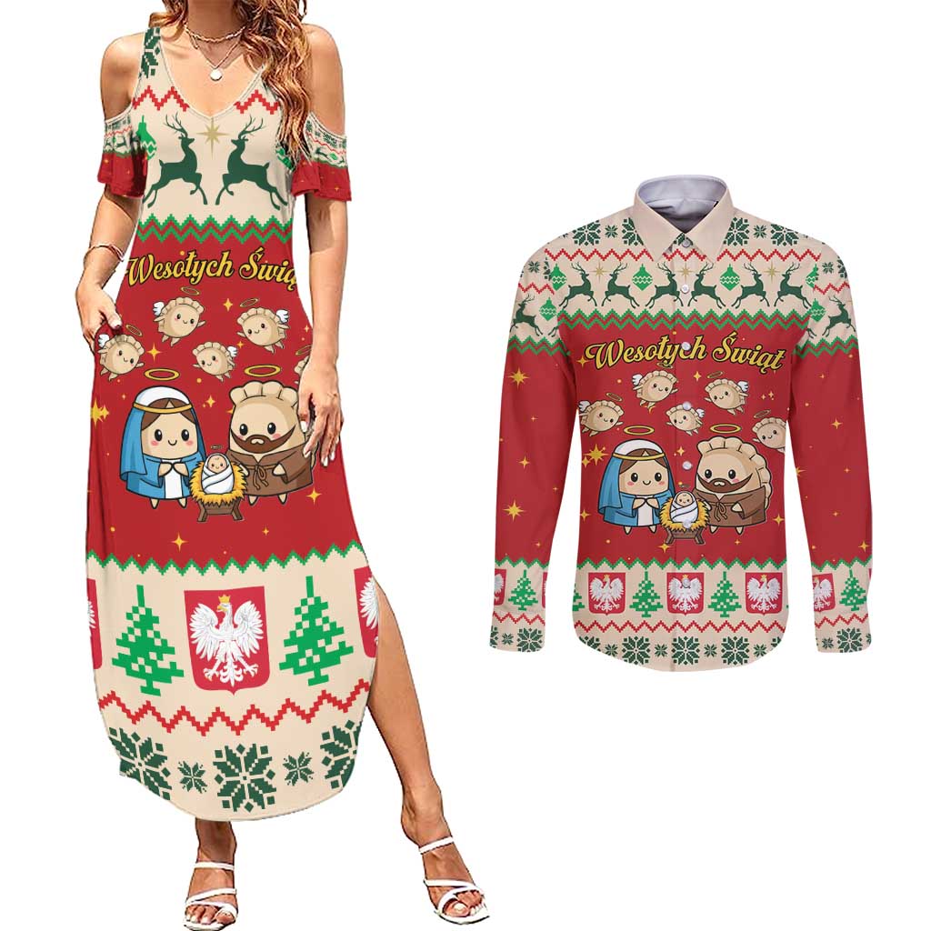Poland Christmas Couples Matching Summer Maxi Dress and Long Sleeve Button Shirt Polish Pierogi Mascot Nativity Scene - Wonder Print Shop