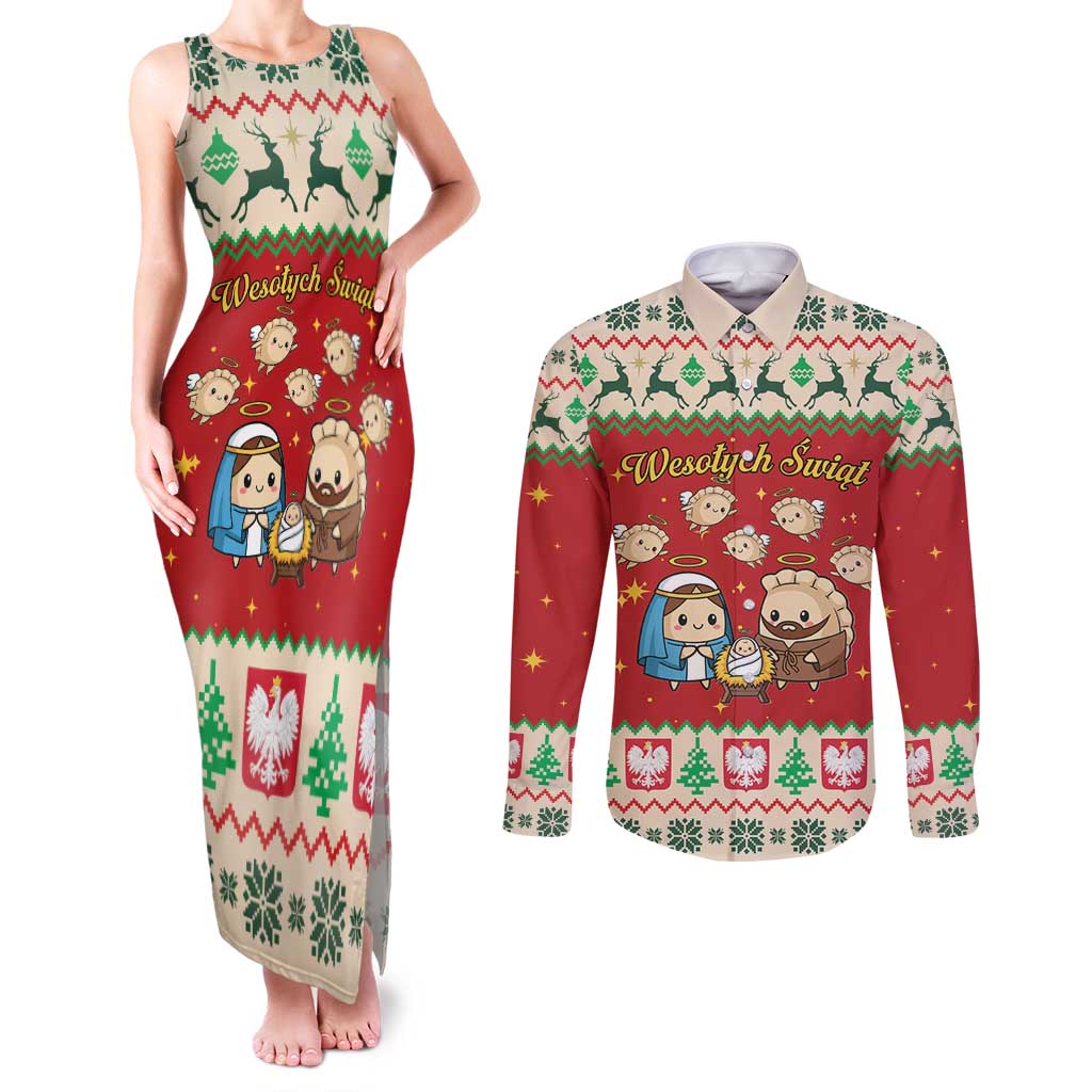 Poland Christmas Couples Matching Tank Maxi Dress and Long Sleeve Button Shirt Polish Pierogi Mascot Nativity Scene - Wonder Print Shop