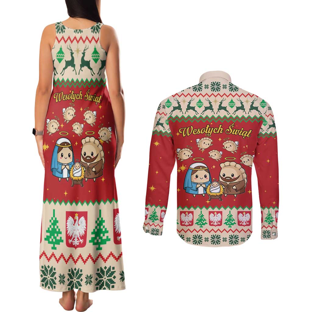 Poland Christmas Couples Matching Tank Maxi Dress and Long Sleeve Button Shirt Polish Pierogi Mascot Nativity Scene - Wonder Print Shop