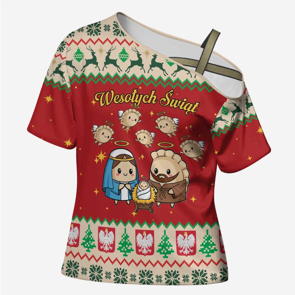 Poland Christmas Cross Shoulder Shirt Polish Pierogi Mascot Nativity Scene - Wonder Print Shop