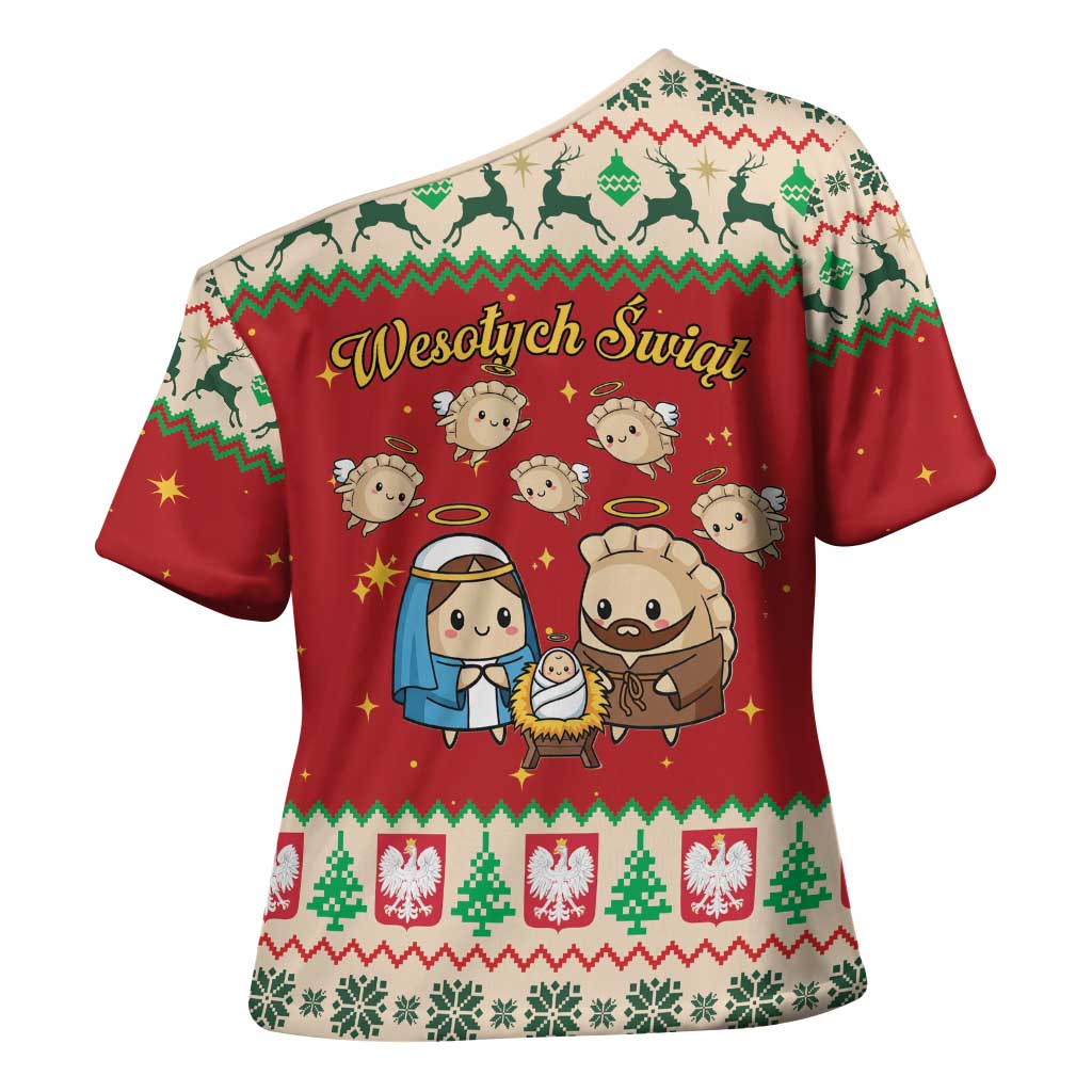 Poland Christmas Cross Shoulder Shirt Polish Pierogi Mascot Nativity Scene - Wonder Print Shop