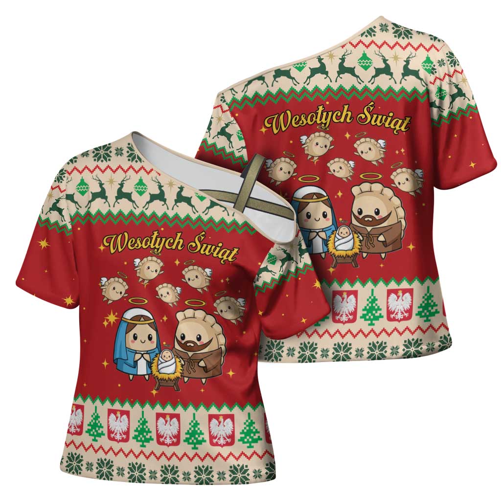 Poland Christmas Cross Shoulder Shirt Polish Pierogi Mascot Nativity Scene - Wonder Print Shop
