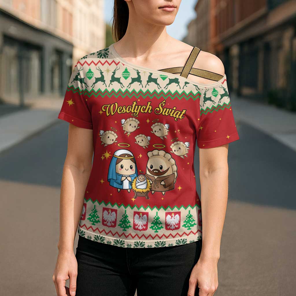 Poland Christmas Cross Shoulder Shirt Polish Pierogi Mascot Nativity Scene - Wonder Print Shop