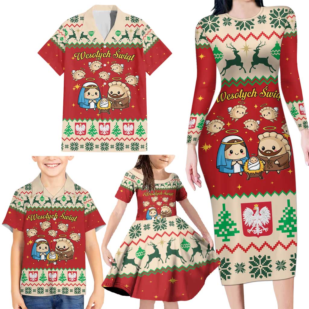 Poland Christmas Family Matching Long Sleeve Bodycon Dress and Hawaiian Shirt Polish Pierogi Mascot Nativity Scene - Wonder Print Shop