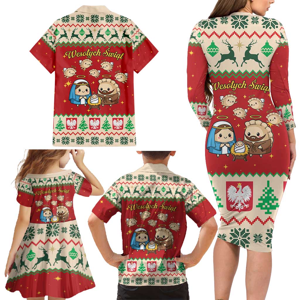 Poland Christmas Family Matching Long Sleeve Bodycon Dress and Hawaiian Shirt Polish Pierogi Mascot Nativity Scene - Wonder Print Shop