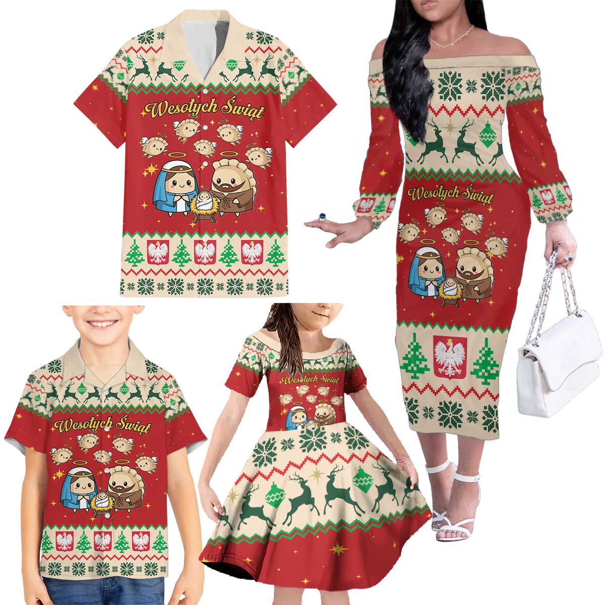 Poland Christmas Family Matching Off The Shoulder Long Sleeve Dress and Hawaiian Shirt Polish Pierogi Mascot Nativity Scene - Wonder Print Shop
