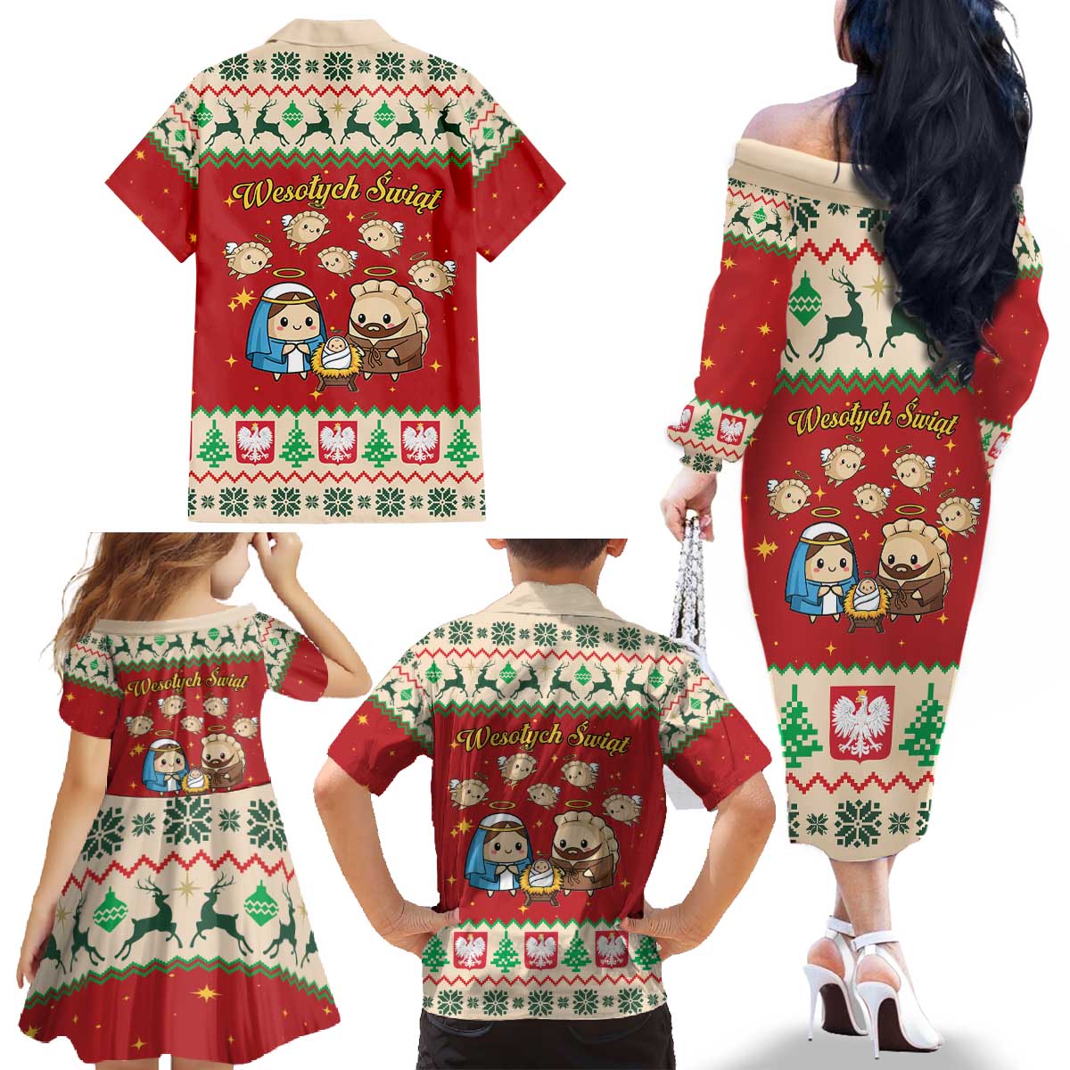 Poland Christmas Family Matching Off The Shoulder Long Sleeve Dress and Hawaiian Shirt Polish Pierogi Mascot Nativity Scene - Wonder Print Shop
