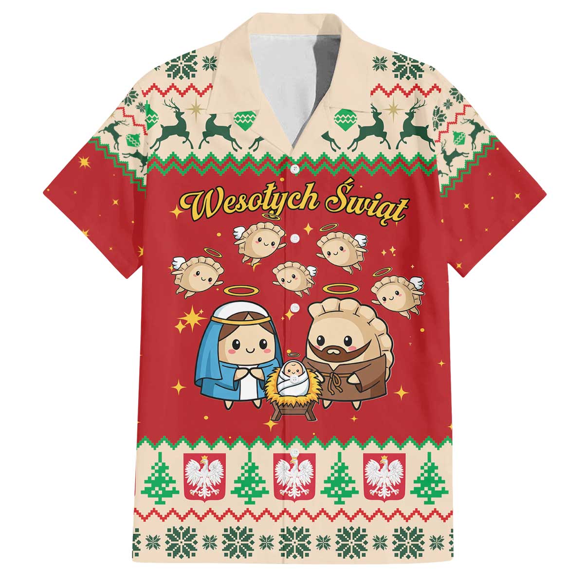 Poland Christmas Family Matching Off The Shoulder Long Sleeve Dress and Hawaiian Shirt Polish Pierogi Mascot Nativity Scene - Wonder Print Shop