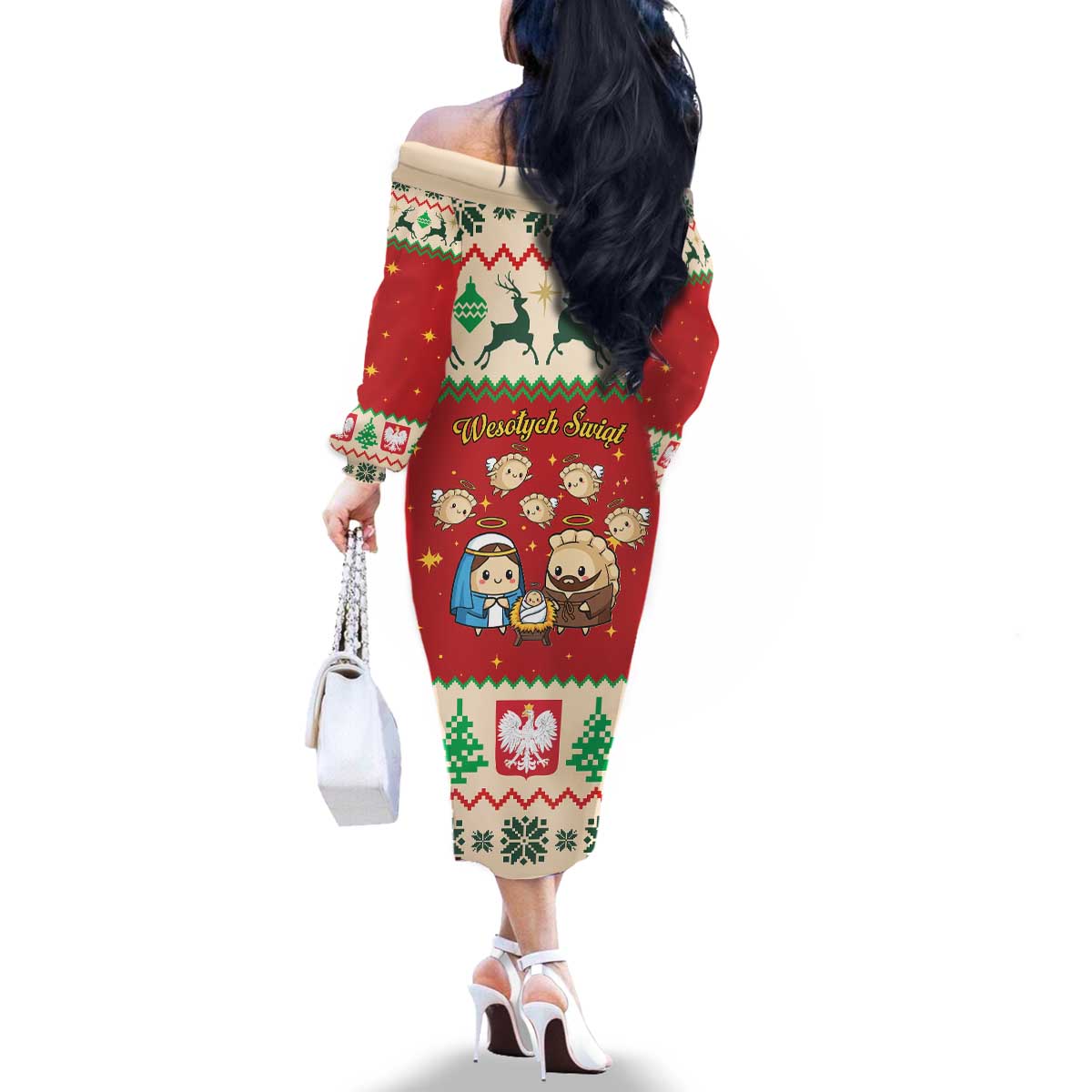 Poland Christmas Family Matching Off The Shoulder Long Sleeve Dress and Hawaiian Shirt Polish Pierogi Mascot Nativity Scene - Wonder Print Shop