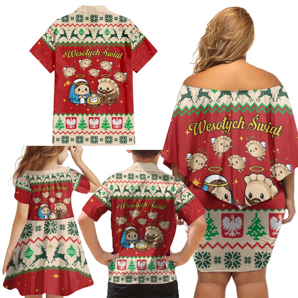 Poland Christmas Family Matching Off Shoulder Short Dress and Hawaiian Shirt Polish Pierogi Mascot Nativity Scene - Wonder Print Shop