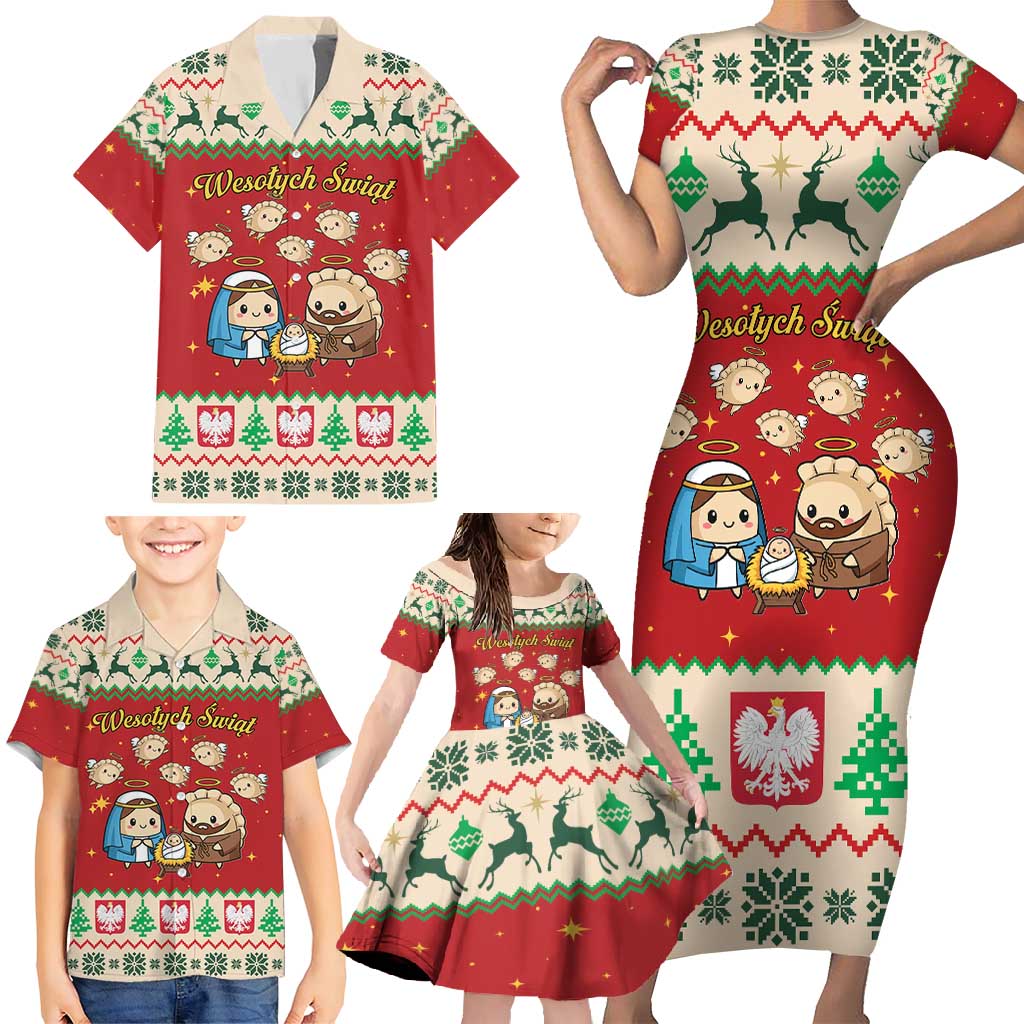 Poland Christmas Family Matching Short Sleeve Bodycon Dress and Hawaiian Shirt Polish Pierogi Mascot Nativity Scene - Wonder Print Shop