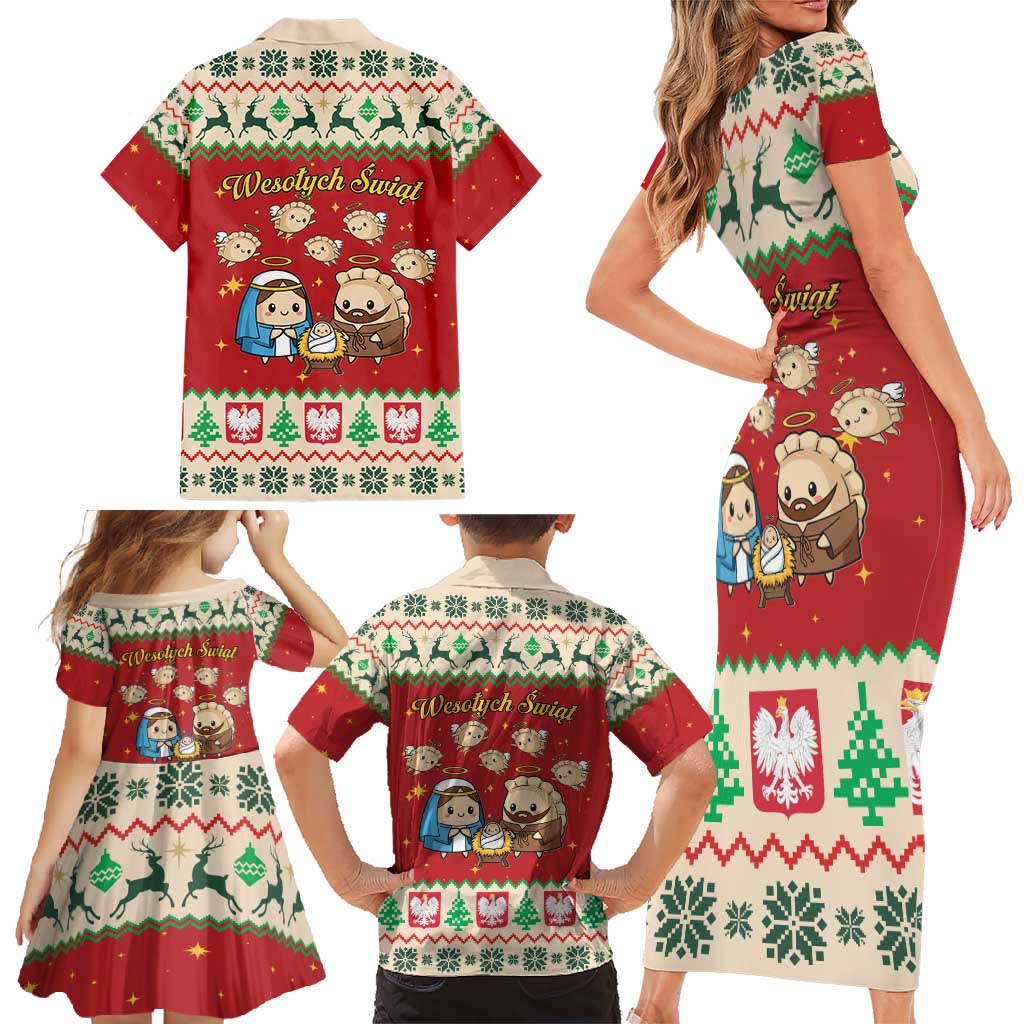 Poland Christmas Family Matching Short Sleeve Bodycon Dress and Hawaiian Shirt Polish Pierogi Mascot Nativity Scene - Wonder Print Shop