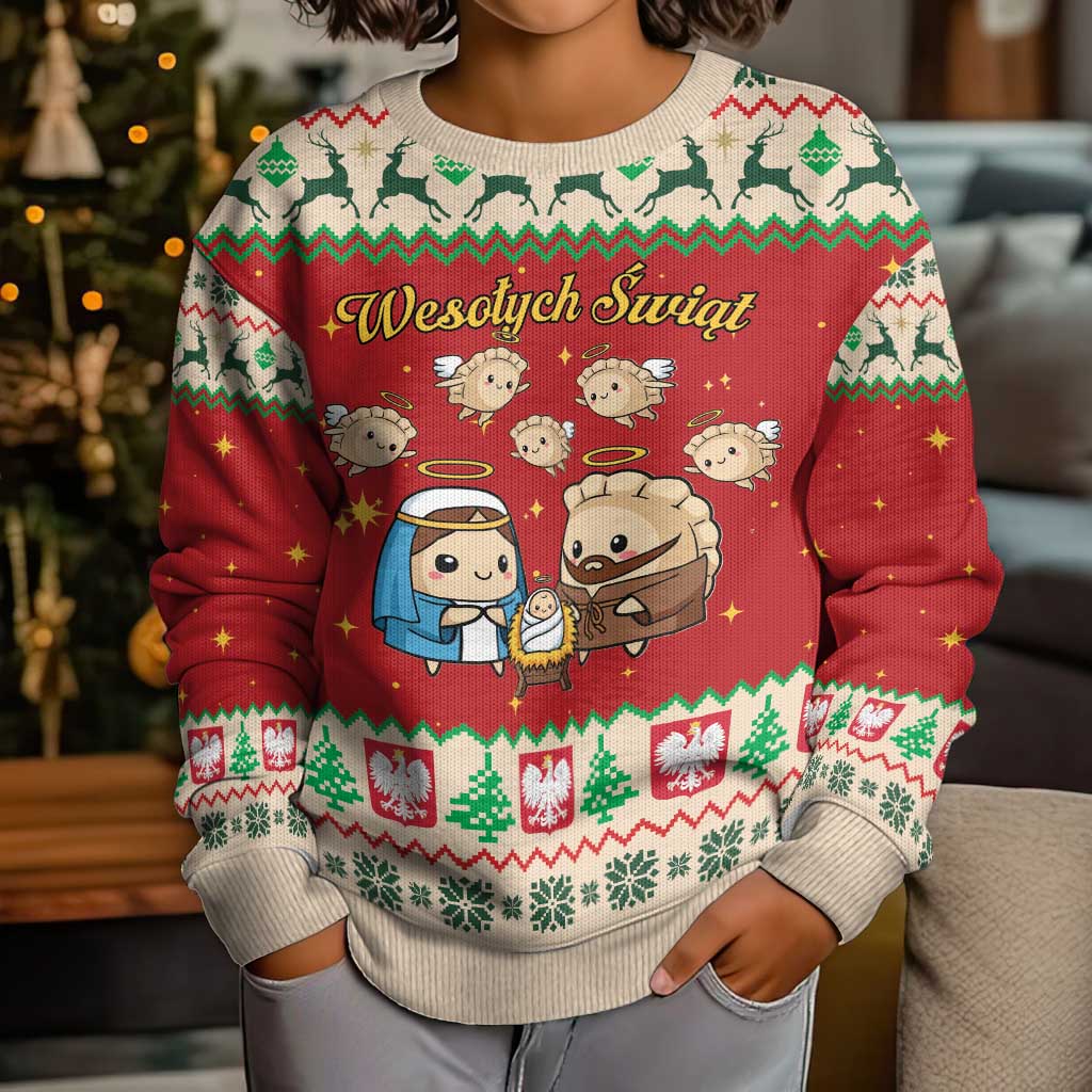 Poland Christmas Kid Ugly Christmas Sweater Polish Pierogi Mascot Nativity Scene - Wonder Print Shop