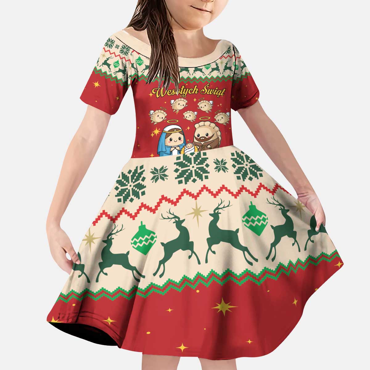 Poland Christmas Kid Short Sleeve Dress Polish Pierogi Mascot Nativity Scene - Wonder Print Shop