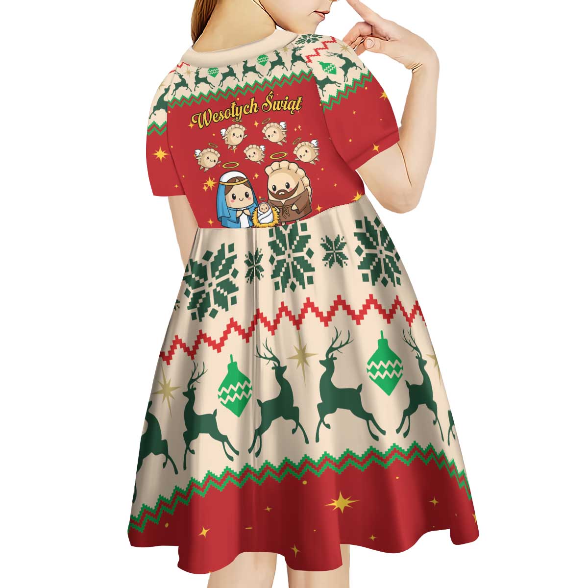 Poland Christmas Kid Short Sleeve Dress Polish Pierogi Mascot Nativity Scene - Wonder Print Shop