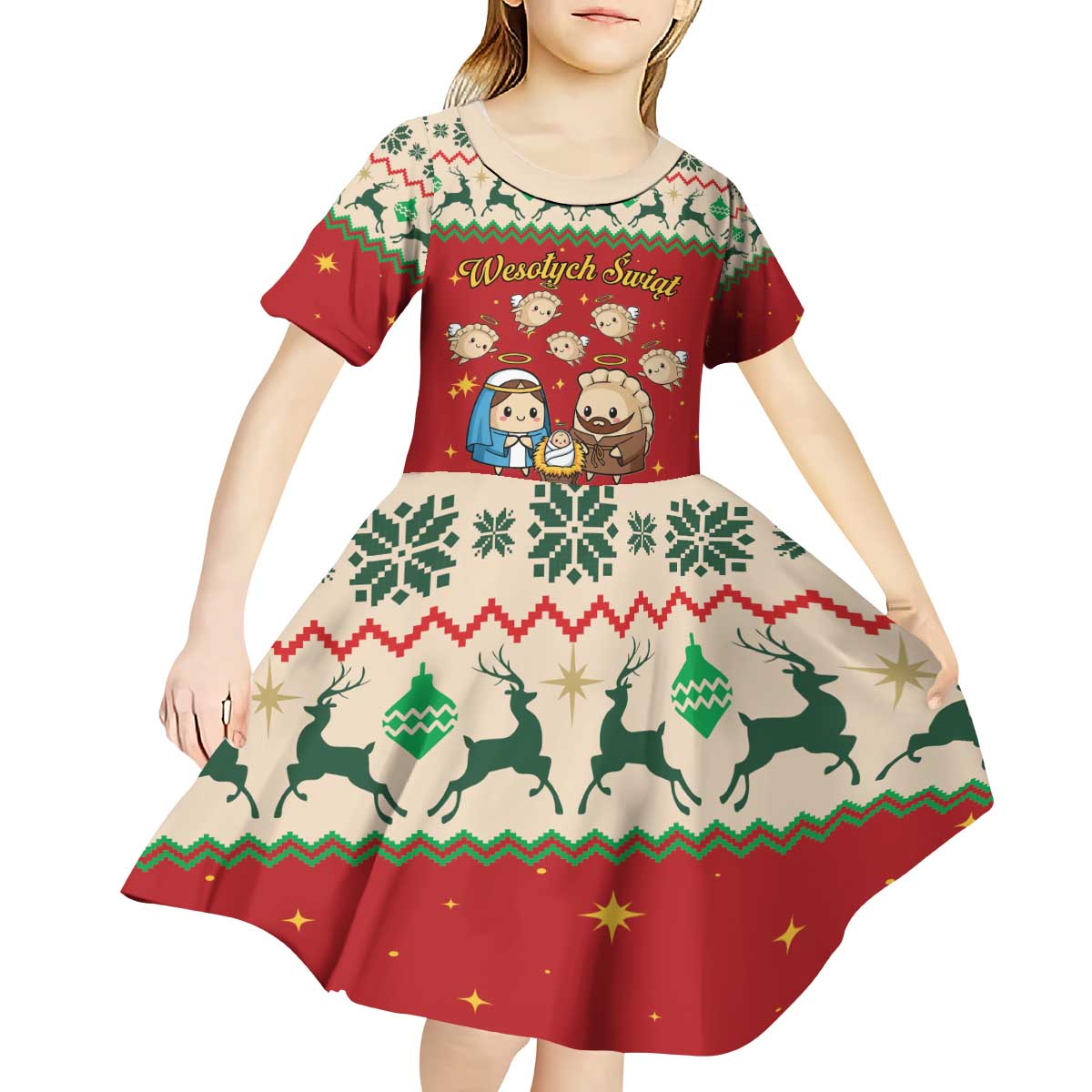 Poland Christmas Kid Short Sleeve Dress Polish Pierogi Mascot Nativity Scene - Wonder Print Shop