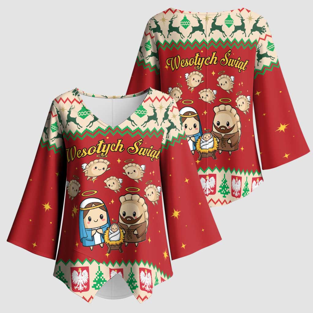 Poland Christmas Kimono Sleeve Blouse Polish Pierogi Mascot Nativity Scene - Wonder Print Shop