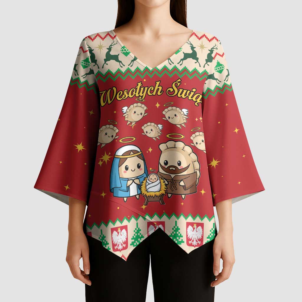 Poland Christmas Kimono Sleeve Blouse Polish Pierogi Mascot Nativity Scene - Wonder Print Shop