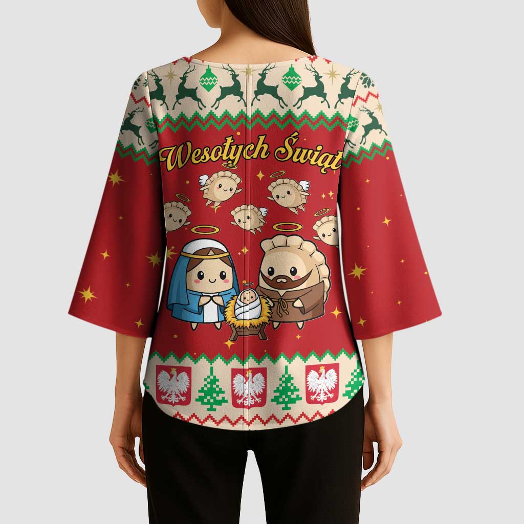 Poland Christmas Kimono Sleeve Blouse Polish Pierogi Mascot Nativity Scene - Wonder Print Shop