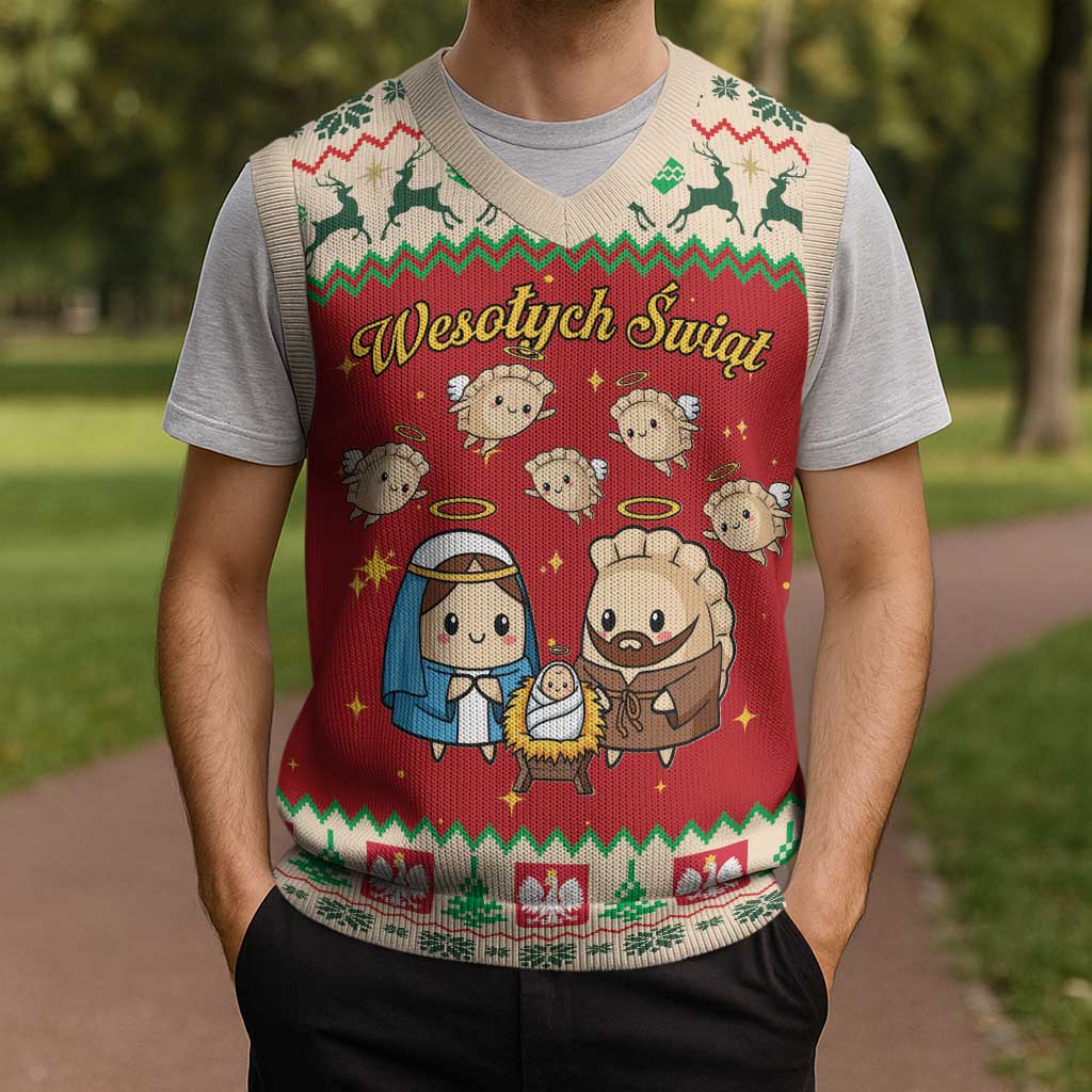 Poland Christmas Knitted V-Neck Vest Polish Pierogi Mascot Nativity Scene - Wonder Print Shop
