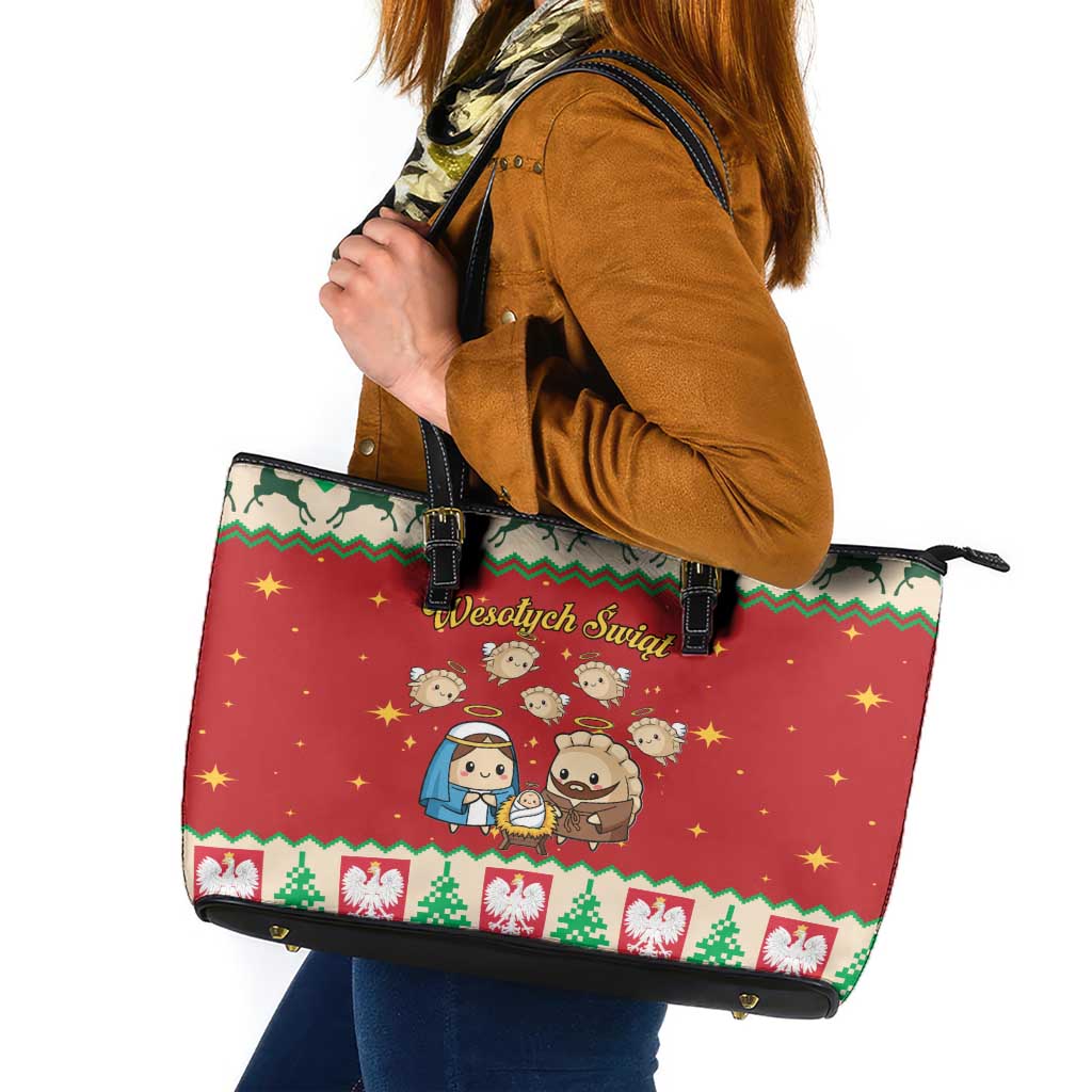 Poland Christmas Leather Tote Bag Polish Pierogi Mascot Nativity Scene - Wonder Print Shop