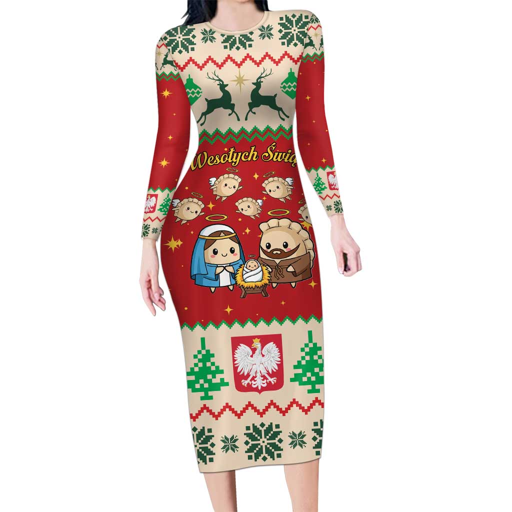 Poland Christmas Long Sleeve Bodycon Dress Polish Pierogi Mascot Nativity Scene - Wonder Print Shop