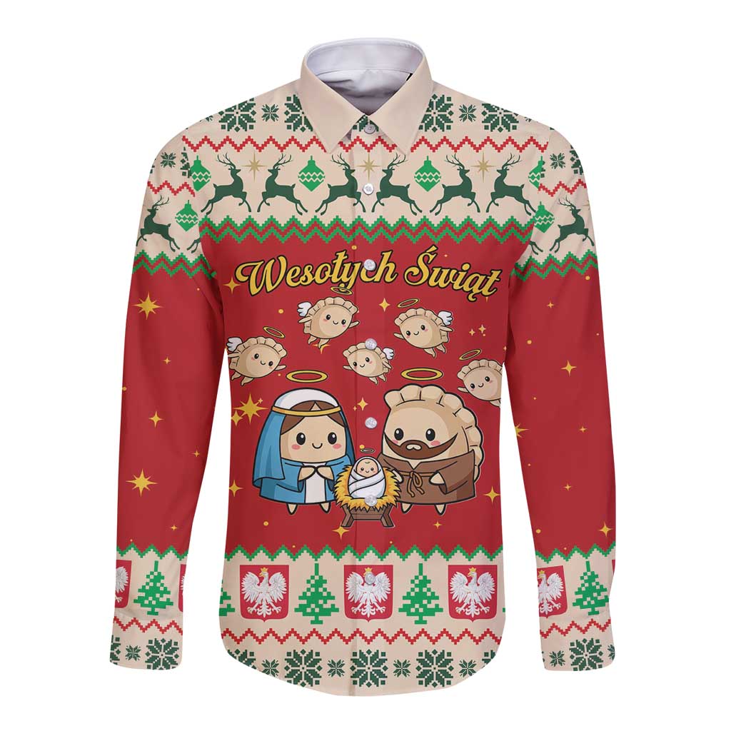 Poland Christmas Long Sleeve Button Shirt Polish Pierogi Mascot Nativity Scene - Wonder Print Shop
