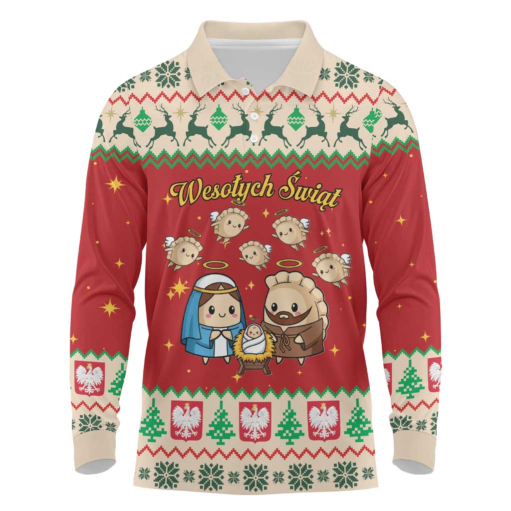 Poland Christmas Long Sleeve Polo Shirt Polish Pierogi Mascot Nativity Scene - Wonder Print Shop