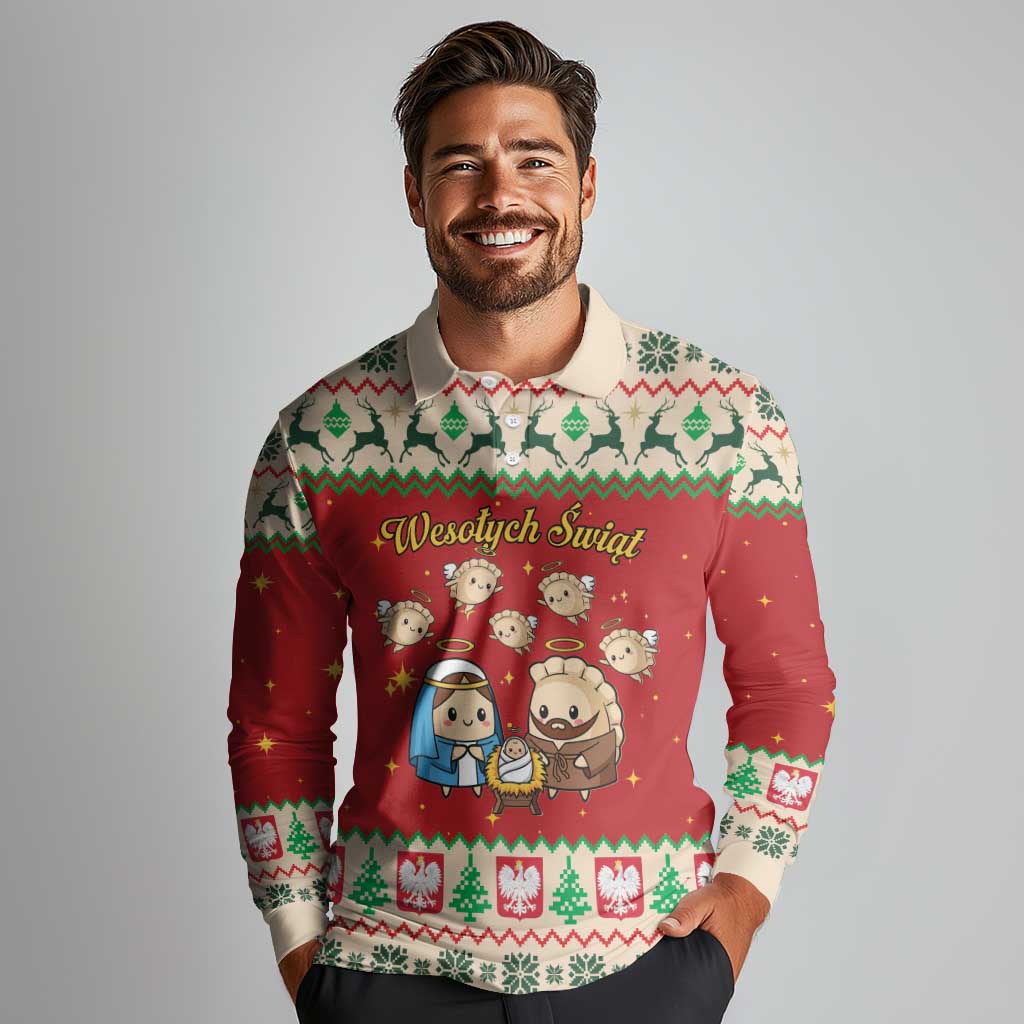 Poland Christmas Long Sleeve Polo Shirt Polish Pierogi Mascot Nativity Scene - Wonder Print Shop
