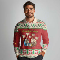 Poland Christmas Long Sleeve Polo Shirt Polish Pierogi Mascot Nativity Scene - Wonder Print Shop