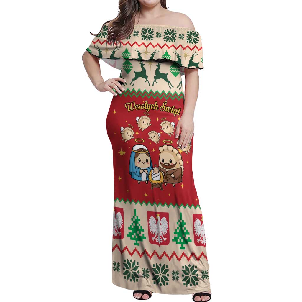 Poland Christmas Off Shoulder Maxi Dress Polish Pierogi Mascot Nativity Scene - Wonder Print Shop