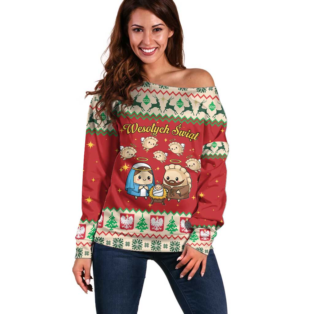 Poland Christmas Off Shoulder Sweater Polish Pierogi Mascot Nativity Scene - Wonder Print Shop