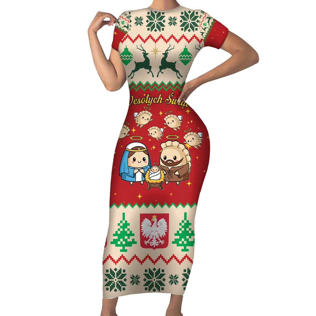 Poland Christmas Short Sleeve Bodycon Dress Polish Pierogi Mascot Nativity Scene - Wonder Print Shop