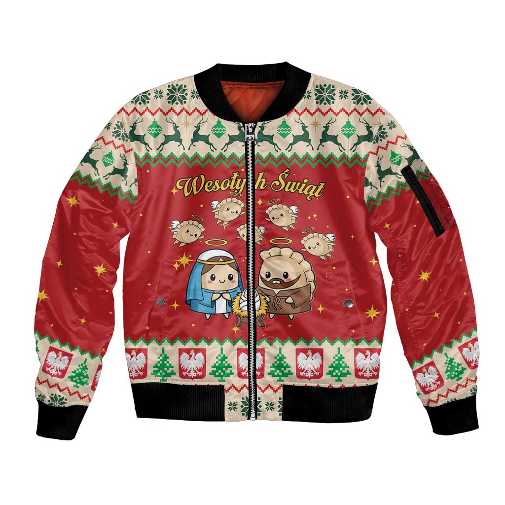 Poland Christmas Sleeve Zip Bomber Jacket Polish Pierogi Mascot Nativity Scene - Wonder Print Shop