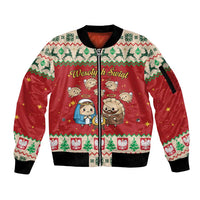 Poland Christmas Sleeve Zip Bomber Jacket Polish Pierogi Mascot Nativity Scene - Wonder Print Shop