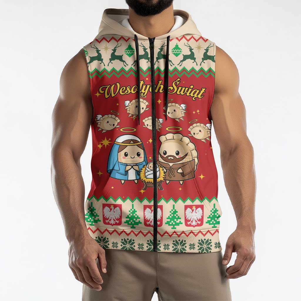 Poland Christmas Sleeveless Zip Hoodie Polish Pierogi Mascot Nativity Scene - Wonder Print Shop
