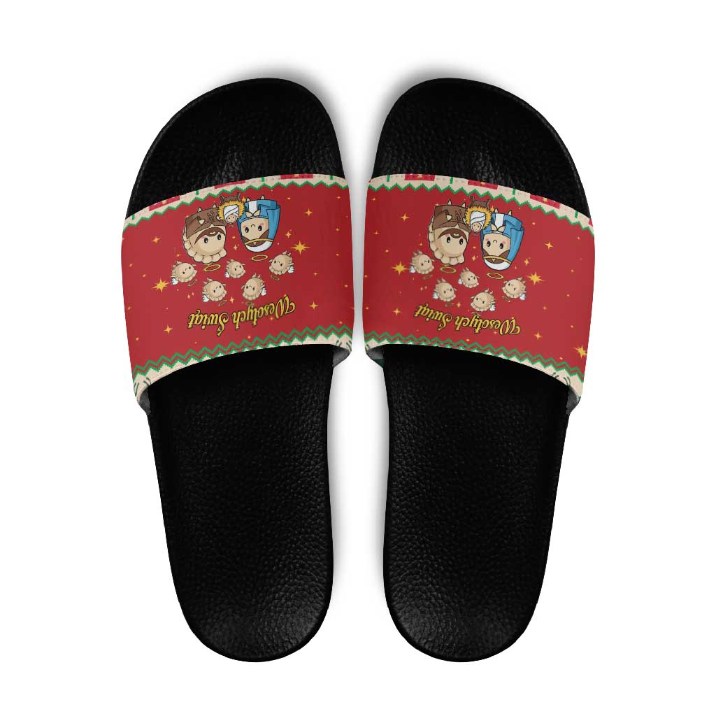 Poland Christmas Slide Sandals Polish Pierogi Mascot Nativity Scene - Wonder Print Shop
