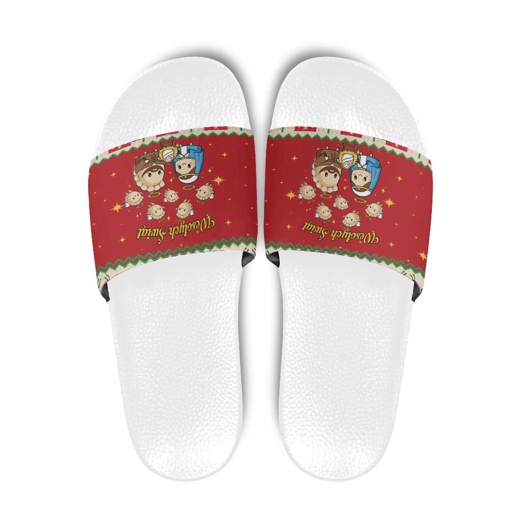 Poland Christmas Slide Sandals Polish Pierogi Mascot Nativity Scene - Wonder Print Shop