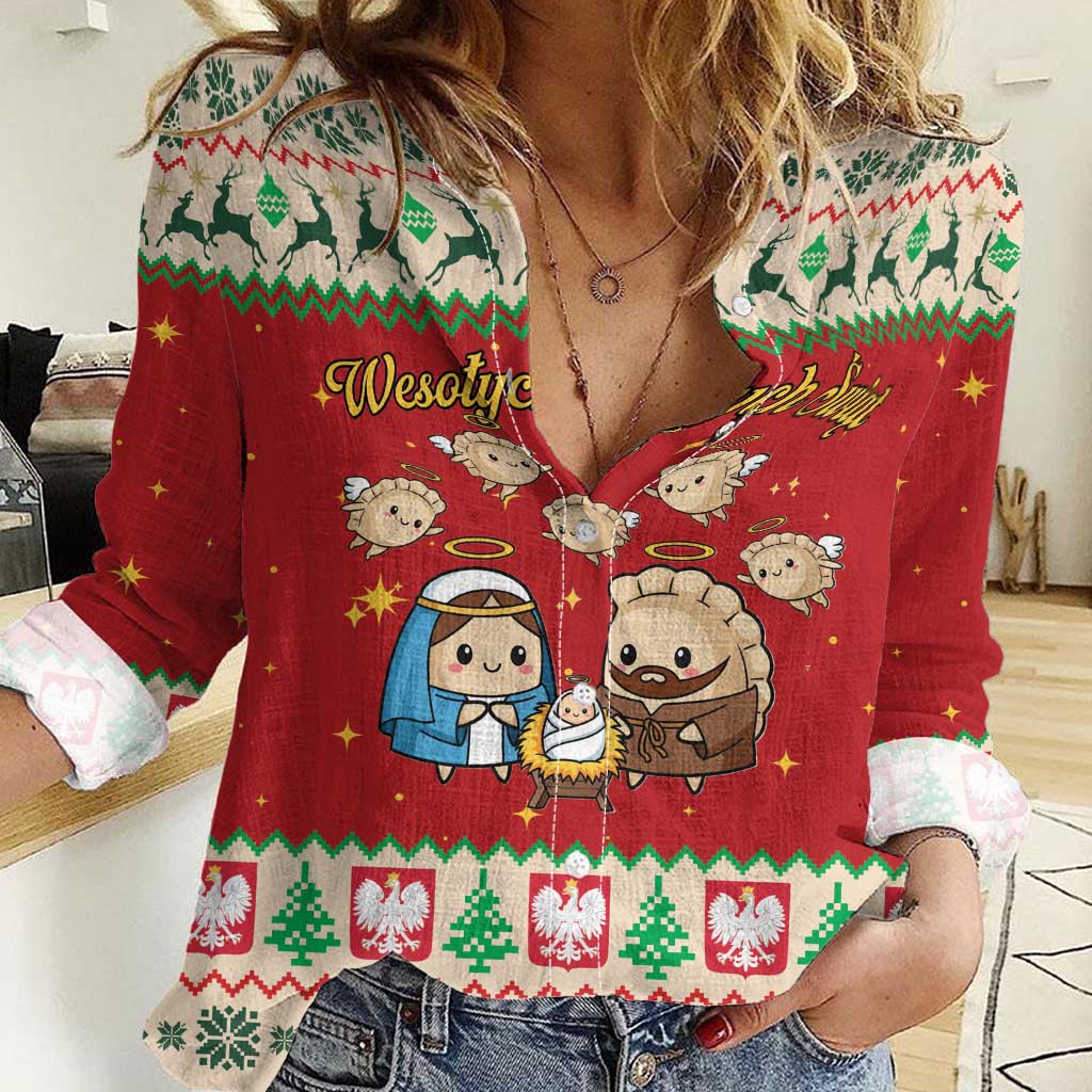 Poland Christmas Women Casual Shirt Polish Pierogi Mascot Nativity Scene - Wonder Print Shop