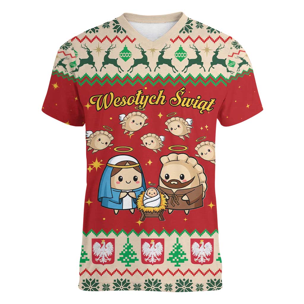 Poland Christmas Women V-Neck T-Shirt Polish Pierogi Mascot Nativity Scene - Wonder Print Shop