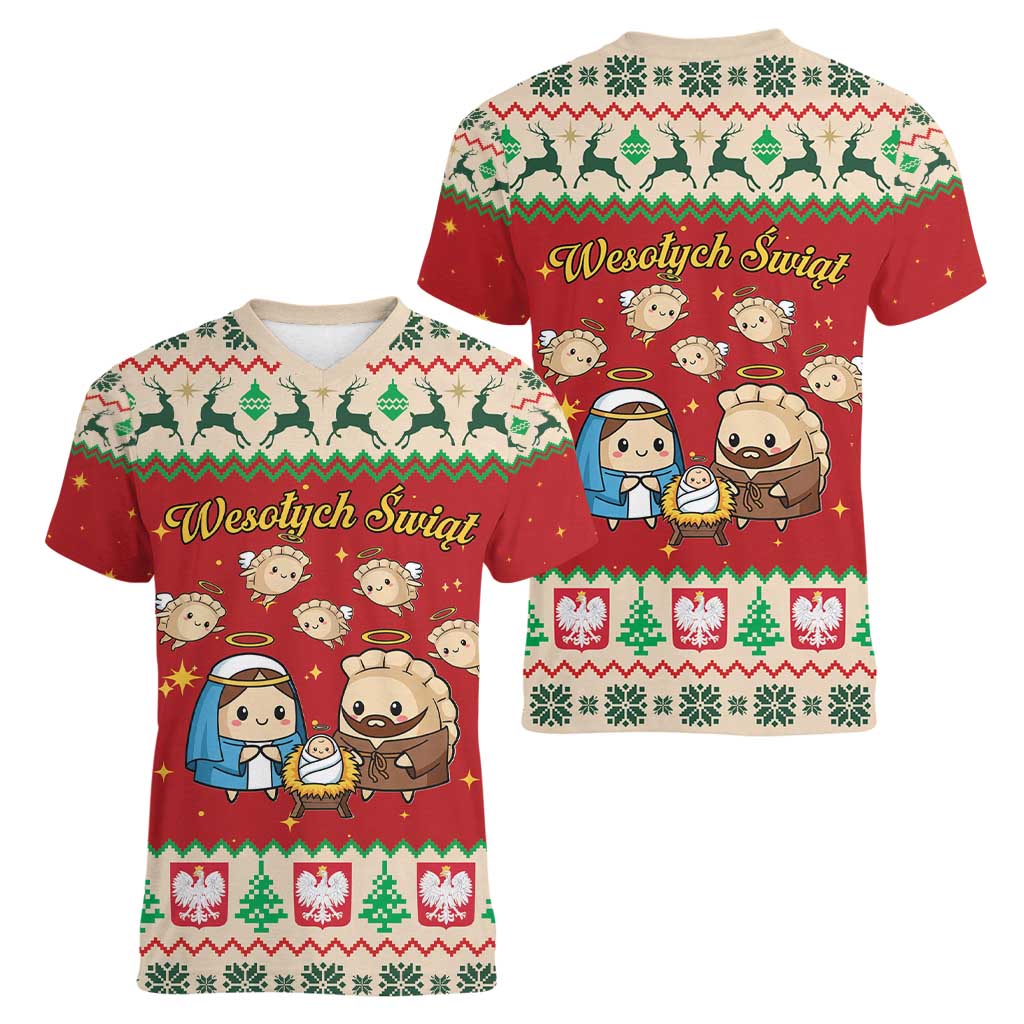 Poland Christmas Women V-Neck T-Shirt Polish Pierogi Mascot Nativity Scene - Wonder Print Shop