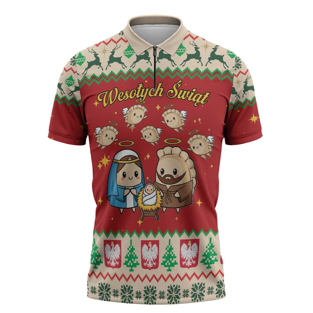 Poland Christmas Zipper Polo Shirt Polish Pierogi Mascot Nativity Scene - Wonder Print Shop