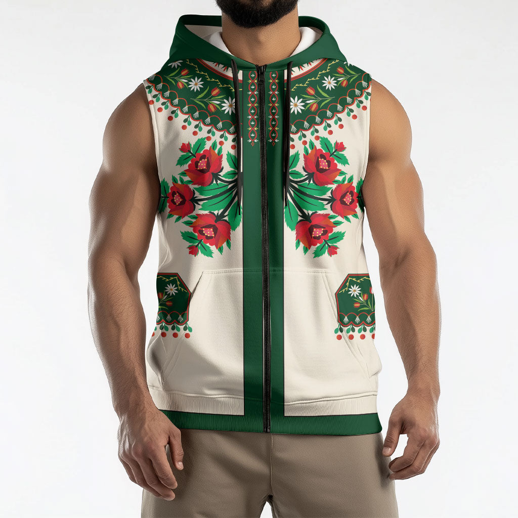 Polish Highlander Folk Costume Sleeveless Zip Hoodie Podhale Heritage Floral Style